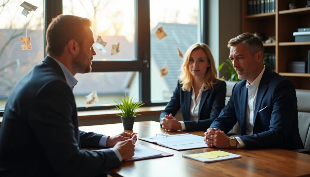 photo of one man sitting across from a man and a woman at a desk for the blog post Solar Panel Lawyers Near