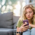 Blonde woman checking her enphase enlighten app while sun shines in the window behind her.