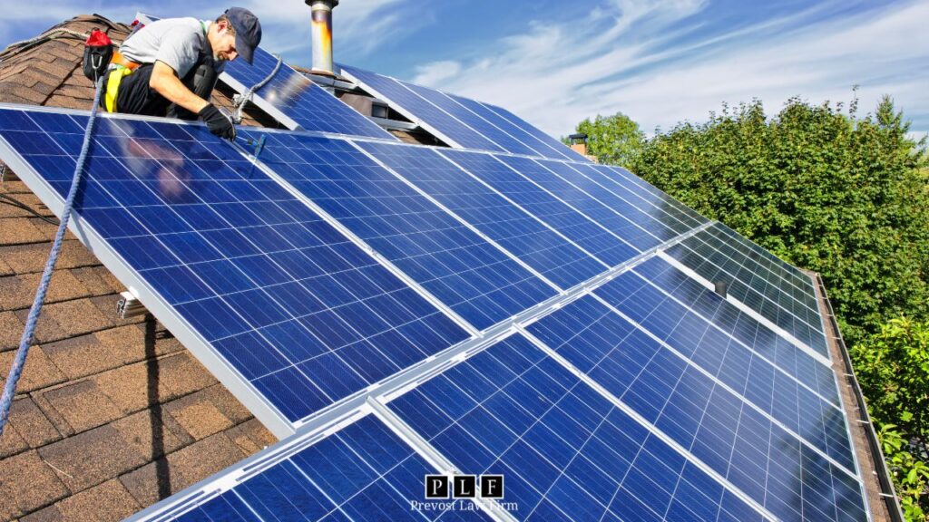 Worker installing solar panels for a solar leasing project.